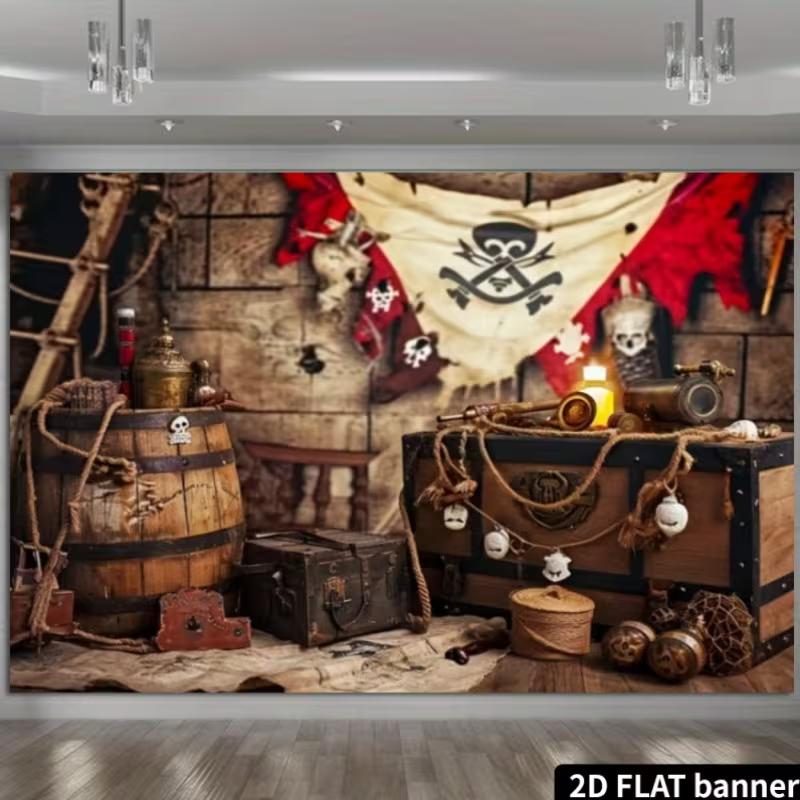 2D Piratenschiff Kabine Kulisse Totenkopfflagge Geburtstagsparty Hintergrund