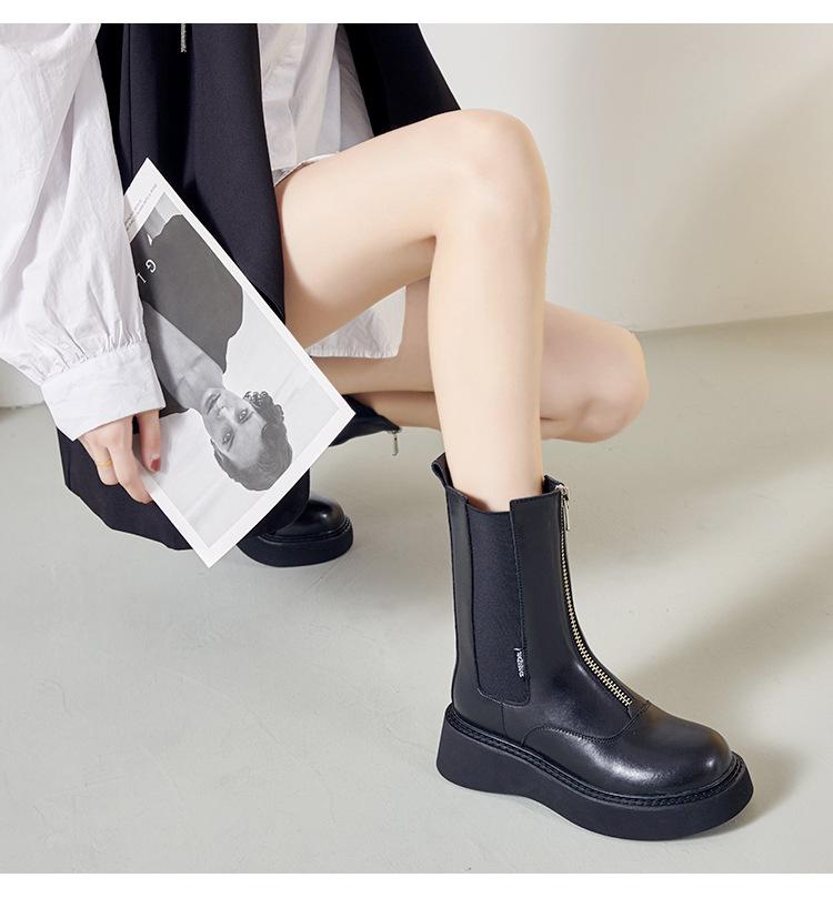 Genuine Leather Women Boots Woman Shoe Fashion Female Breathable Cowhide Bootie Front Zipper Light Black Boots