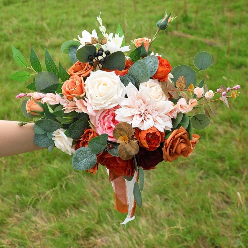 Realistic Caramel Bridal Bouquets Artificial Roses Fall Wedding Decoration Handmade Silk Flower For Home Elegant Party