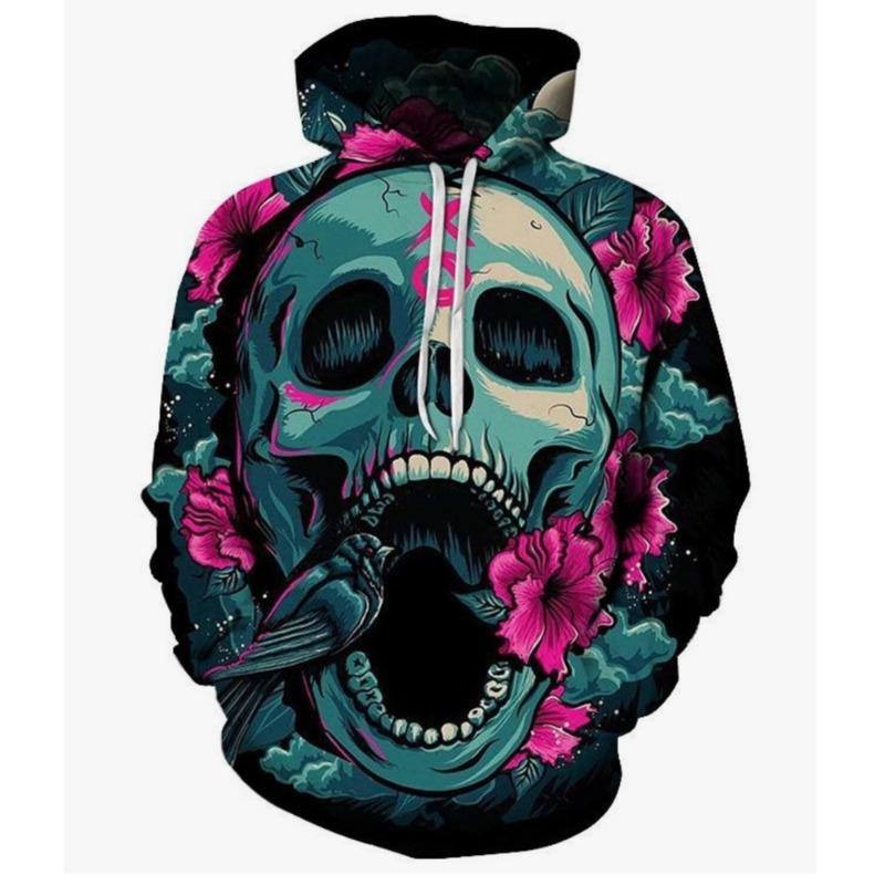 Felpa con Cappuccio Stampa 3D Motivo Teschio Horror Elemento Autunno Inverno Uomo e Donna Pullover Casual Nero Adatto per l'Uso Quotidiano