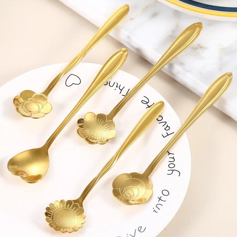 8/12 Stück Edelstahl Kirsch-Rosenblume Gold Schaufel Kaffeelöffel Geschenke Küche Dessert Tee Zubehör Geschirr Dekoration