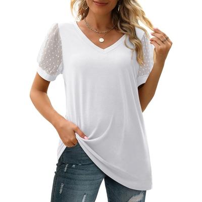 Summer Women's T-shirt Solid Color V-neck Simple Temperament Elegant Mesh Bubble Sleeve
