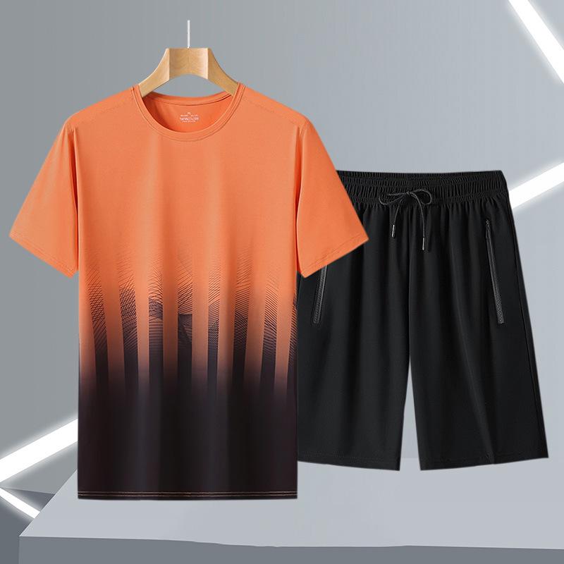 Summer Sports Tie-Dye Gradient T-Shirt Set for Men and Women: Casual Round Neck, Short Sleeve.