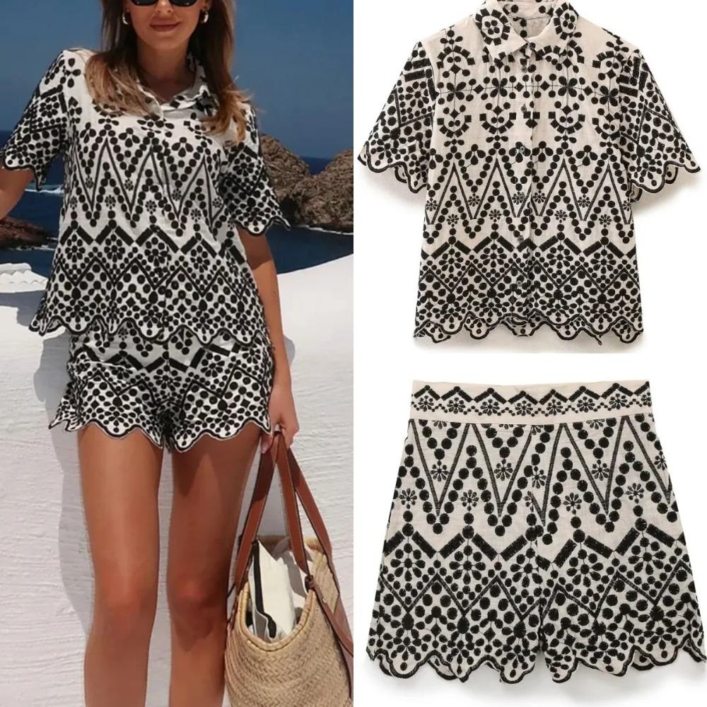 

2024 летняя новая женская модная повседневная свободная рубашка контрастного цвета с вышивкой, рубашка с короткими рукавами и шорты с высокой талией, комплект