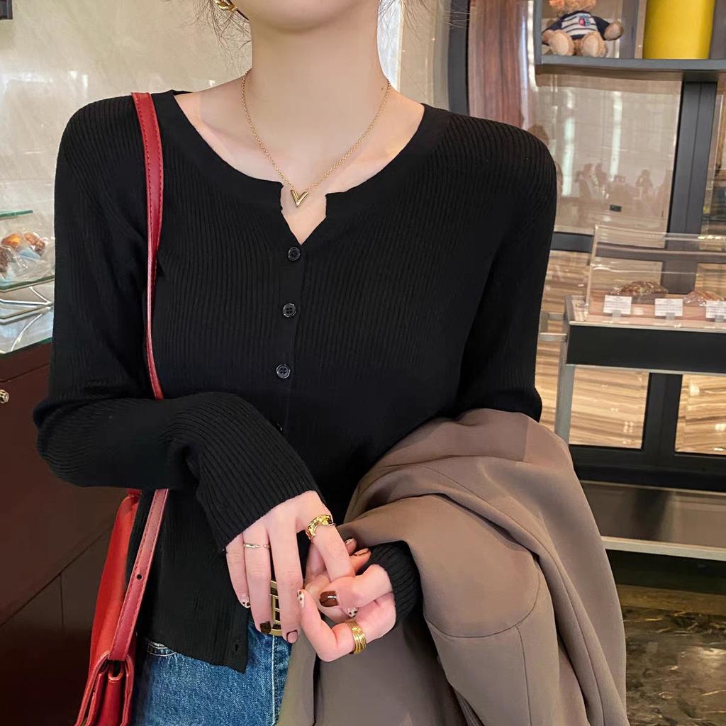 Fall Winter V Neck Knit Top Women Thin Long Sleeve Solid Short Cover Up Slim Sweater Cardigan Coat