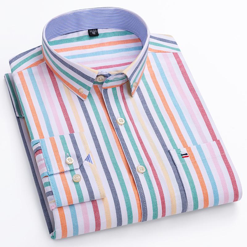 Pure Cotton Plaid Shirts Men Business Casual Long Sleeve Striped Oxford Shirt with Pocket