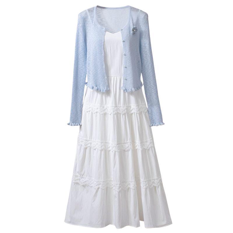 Sweet 2026 White Camisole & Knit Cardigan Skirt Set – New Fashion Two-Piece Dress