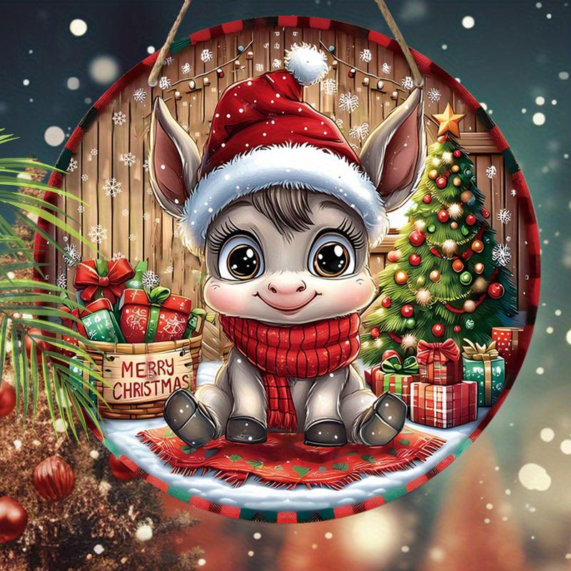 Christmas Cute Donkey Merry Christmas Round Wooden Hanging Sign, 2D Flat Printed Wall Door Ornament, Xmas Home Porch Holiday Decor Gift