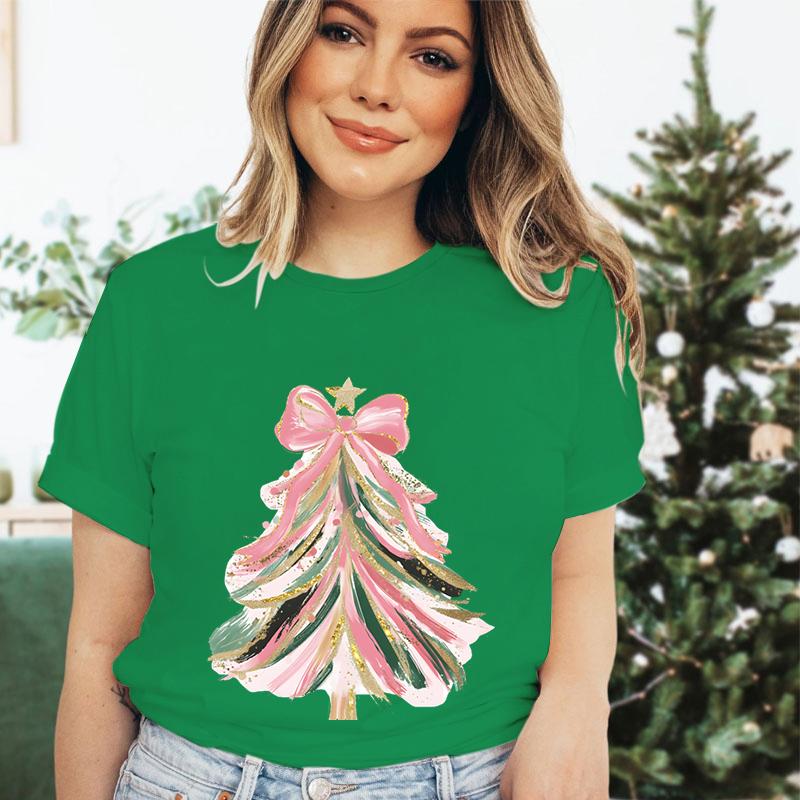 Merry Christmas Tree Design Tshirt Women Funny Festive Fashion Casual Green Tshirt Creative Xmas Tree Graphic Holiday Tops Tees