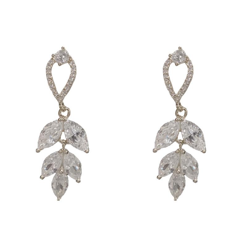 Women Exquisite Fashion Luxury Zircon Leaf Tassel Drop Dangle Earrings