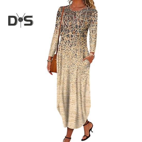 

Осенне-весеннее женское платье с круглым вырезом и карманами, длинными рукавами, трапециевидным принтом, свободное платье макси с нерегулярным подолом для свиданий 3XL хаки