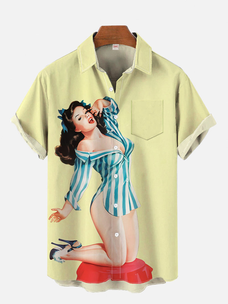 1980s Vintage Pin Up Girl Poster Sexy Girls Blonde Beauty 3D Prints Men's Short Sleeved Shirts For Men Fashion Hawaiian Shirts