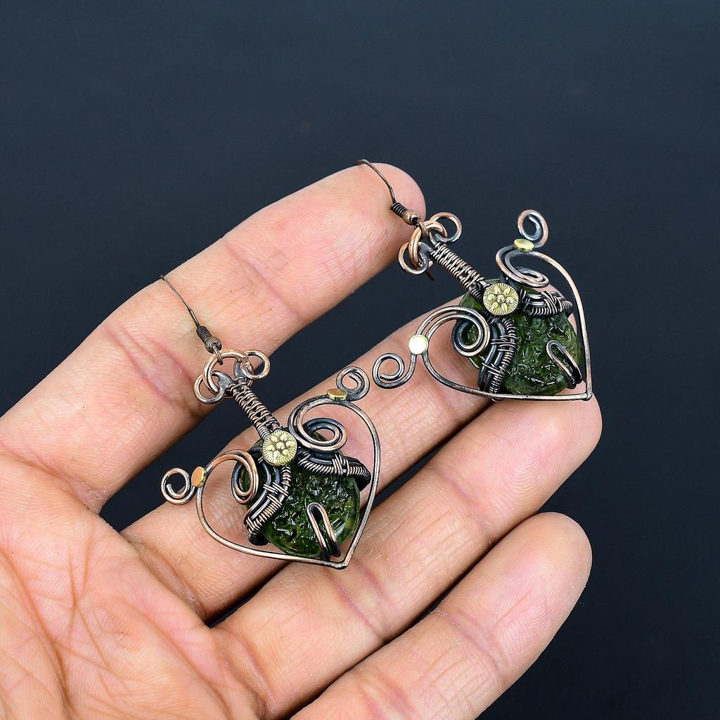 Moldavite Earrings, 999 Copper Wire Wrapped Gemstone Jewelry, Handmade  Earrings For Mother Day