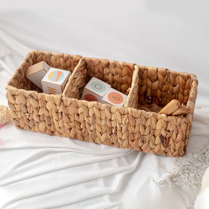 Multi Functional Straw Woven Storage Basket Kitchen Livingroom Organizing Storage Basket Desktop Decoration 3 Grids Woven Basket
