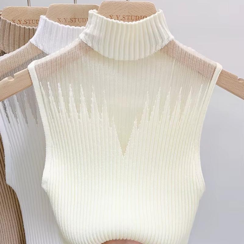 Knitted Mesh Top Y2k Women Tank Top Half Neck Vest Female Sleeveless Sweater Chic Cut Out Streetwear Solid Skinny Tube Top