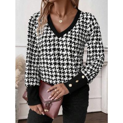 Damenmode Casual Frühling Herbst Hahnentrittmuster Langarm V-Ausschnitt Blusen & Hemden