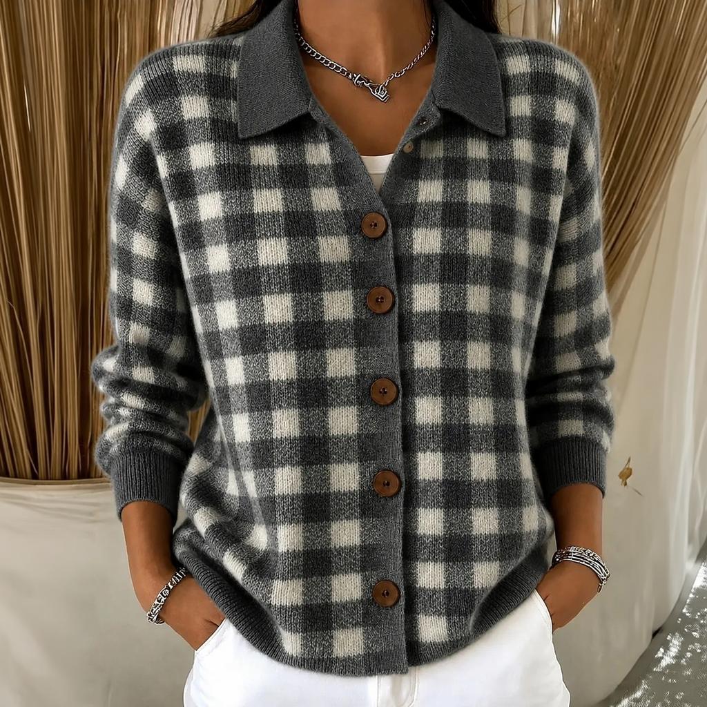 Women's Plaid Cardigan Long Sleeve Lapel Collar Loose Fit Knit Sweater for Fall Winter