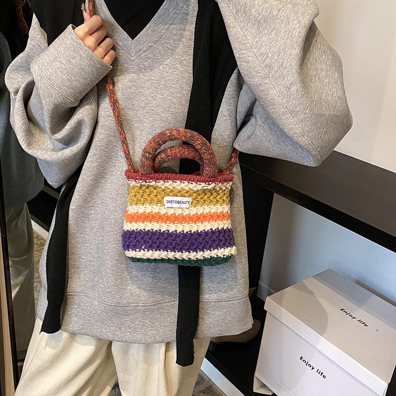 Korean Simple Hand-carried Small Square Bag Women's New Rainbow Wool Knitted Shoulder Bag Trendy and Contrasting Color Messenger Bag