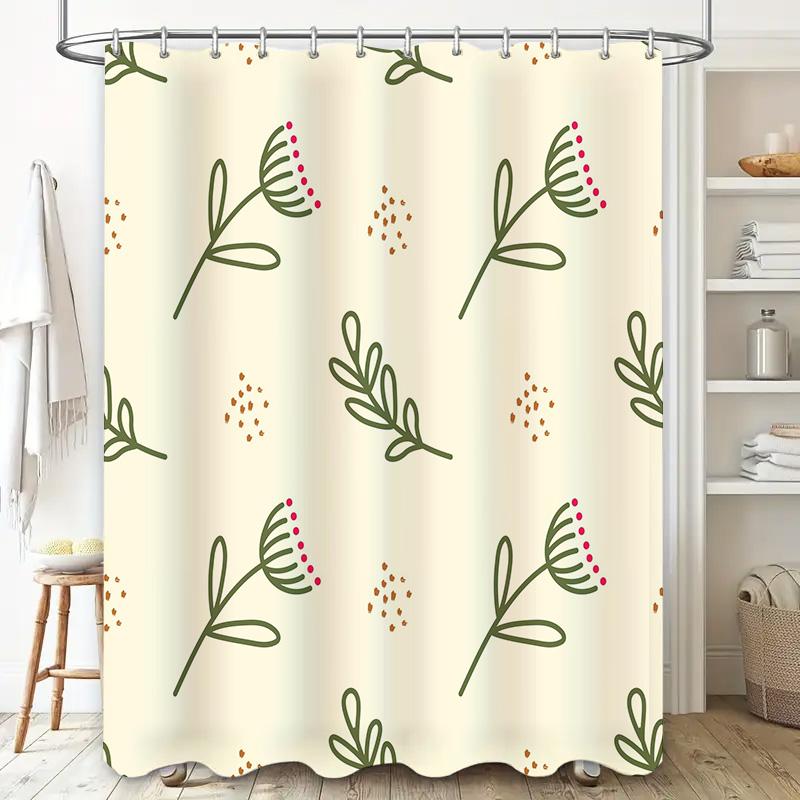 Modern Floral Bathroom Shower Curtain Set Decorative Water-Proof Printing Home Bath Mat Cream Color With Green Branches And Red