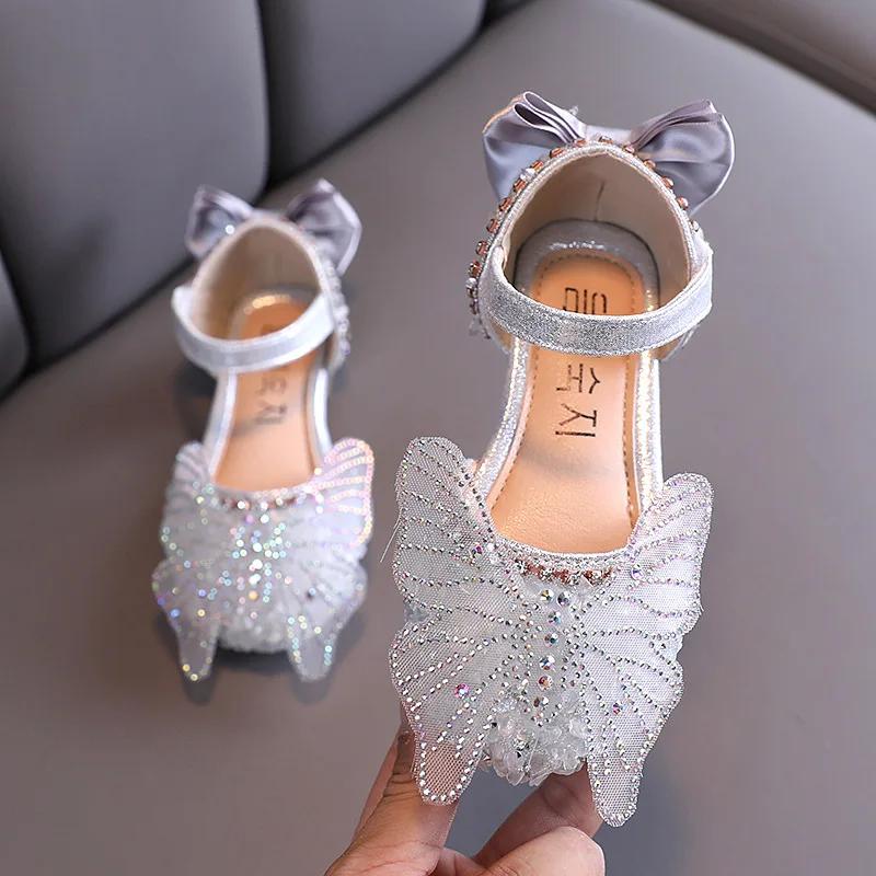 Girls Leather Shoes Children's Lace Butterfly Rhinestone Pearls Beading Performance Single Shoes Fashion Weeding Kids Shoes