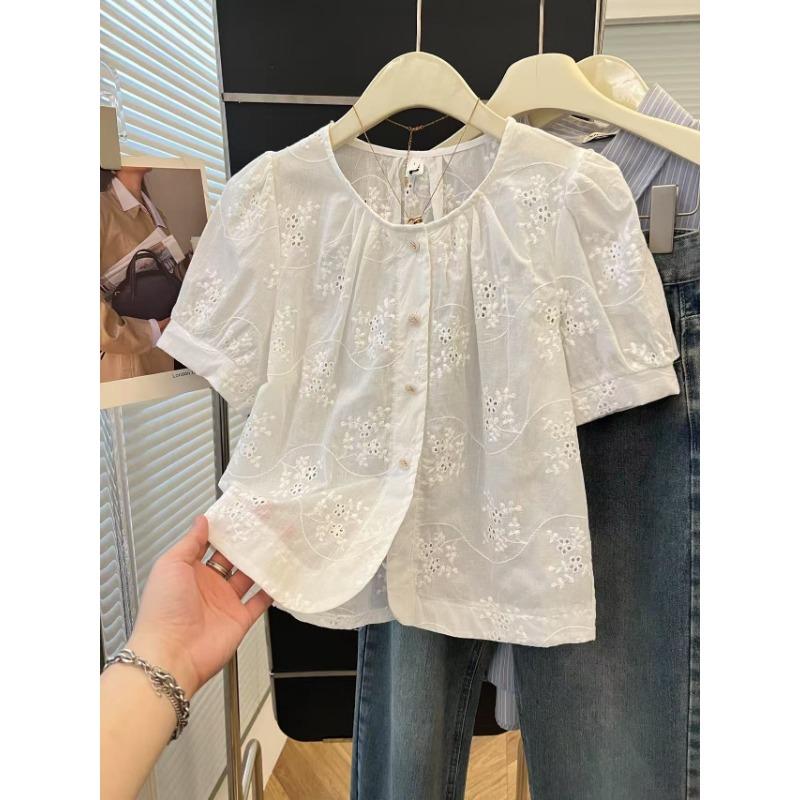 Womens Embroidery Hollow Out Blouse Puff Sleeve Casual Button Up Shirt
