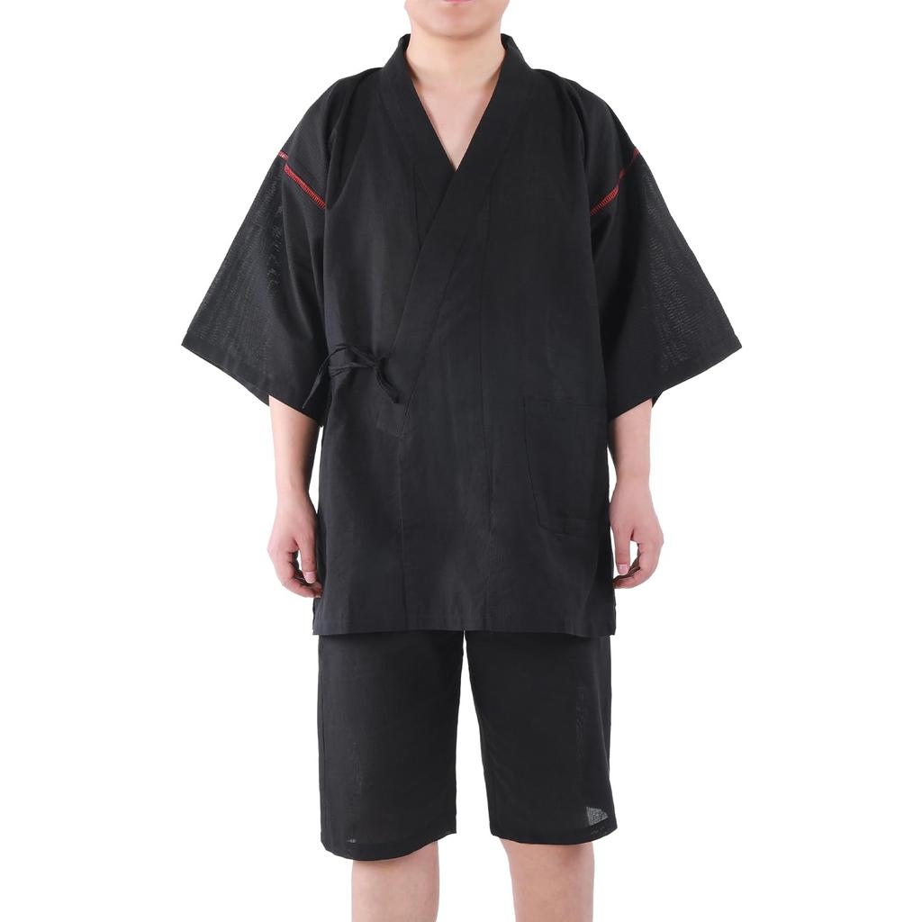 YUKITAC Men's Jinbei (Jacket) in Black, Green, and Gray, Sizes M/L/LL, 100% Cotton, Perfect for Fireworks and Summer Festivals (E, M)
