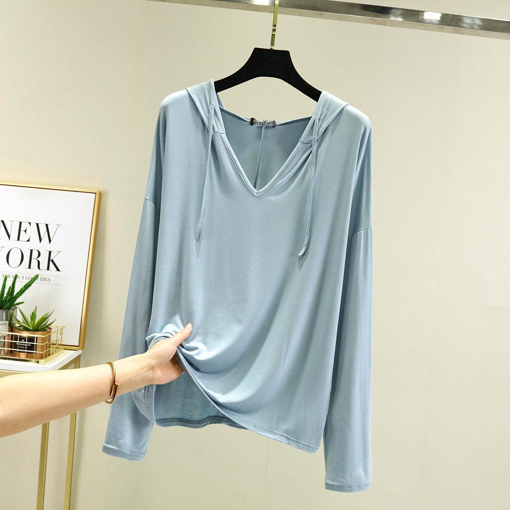 Plus Size Women's Long-Sleeve Modal T-Shirt - Hooded, Solid Color, Sun Protection, Lightweight for Spring/Summer