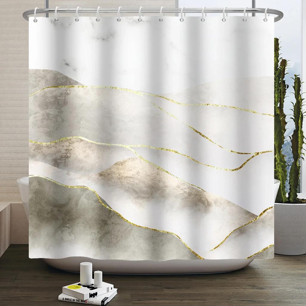 Geometric Shower Curtain Modern Abstract Brown Marble Luxury Gold Bronze Bathtub Screen Waterproof Bathroom Decor
