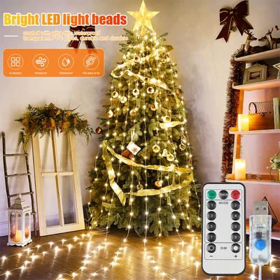 200/280 LED Star Waterfall Lights With 8 Modes USB Powered  Remote Control Camping Light Indoor Outdoor Christmas String Lights