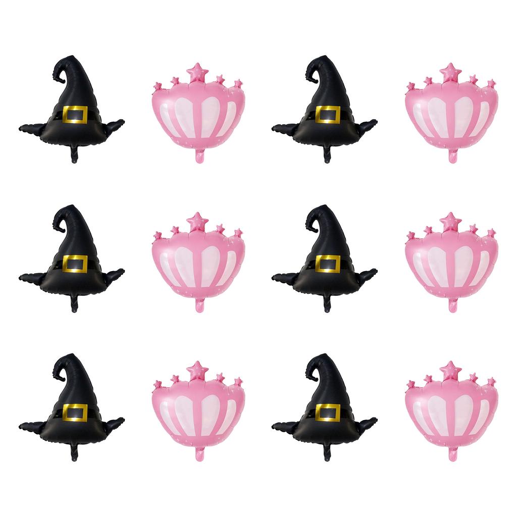 12Pcs Wicked Party Ballons Accessory Set Wicked Party Balloons Black Witch Hat and Pink Princess Crown Decoration
