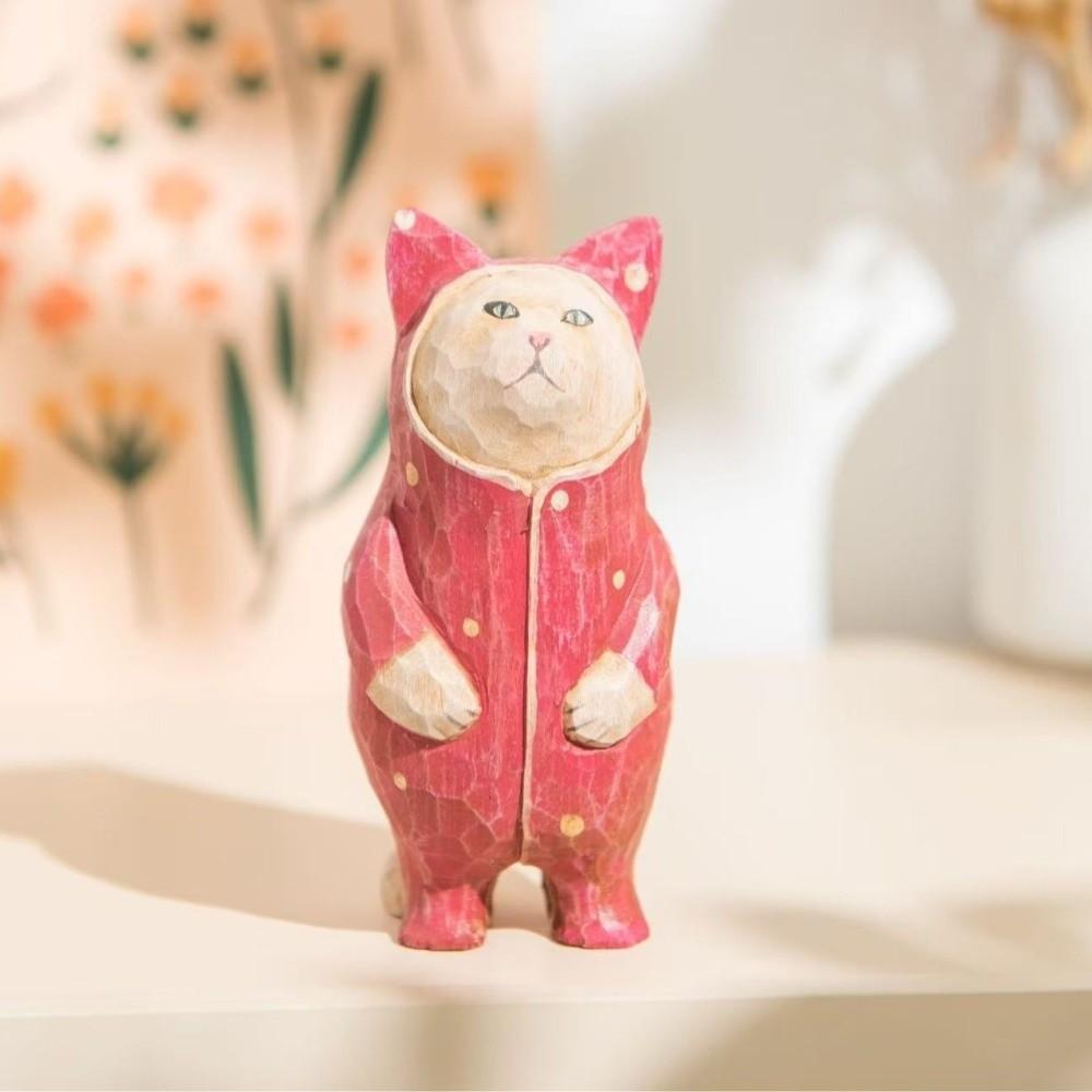 Handmade Wood Carving Cat Ornament Cartoon Hand Engraving Cat Decorations  Bookshelf Decor