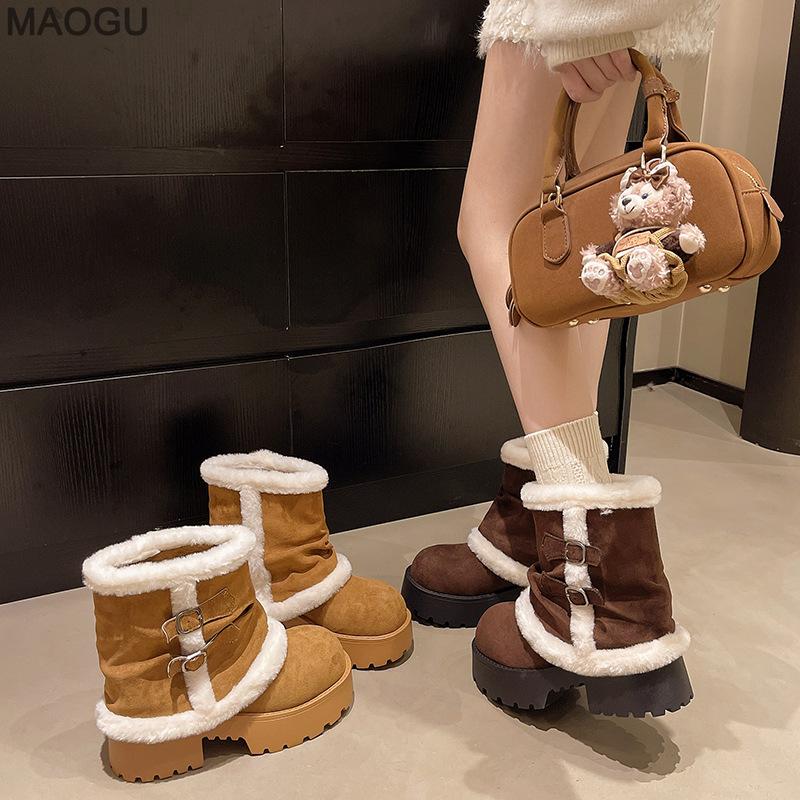 Vintage Platform Brown Snow Boots Women's Winter Plush Warm Furry Cotton Shoes Soft Leather Mid-Calf Boots for Women Botas Mujer