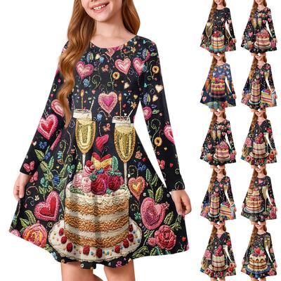 Girls' Summer Princess Dress - Long Sleeve A-Line T-Shirt Dress Valentine's Day
