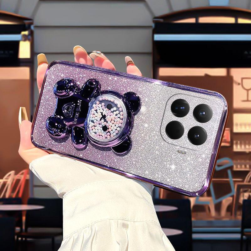 For Xiaomi 17T Pro Case with Gradient 3D Bear Folding Stand Bracket Luxury Slim Plating Glitter Girls for Xiaomi 17T Back Cover