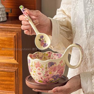 Flowers Are Like Brocade, Beige Song, Coffee Cup With Spoon, Breakfast Cup, Oatmeal Bowl, Ceramic Heated Milk
