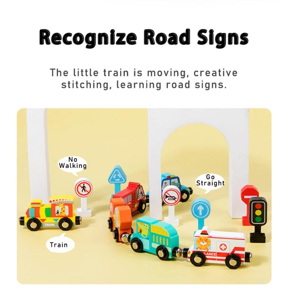 Montessori Wooden Toys Magnetic Small Train DIY Traffic Sign Recognition Vehicle Cognition Car Models Children Educational Toys