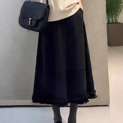 All Match Solid Color Woolen Skirt Women's Autumn Winter New High Waisted Loose Slim A-line Large Swing Skirt