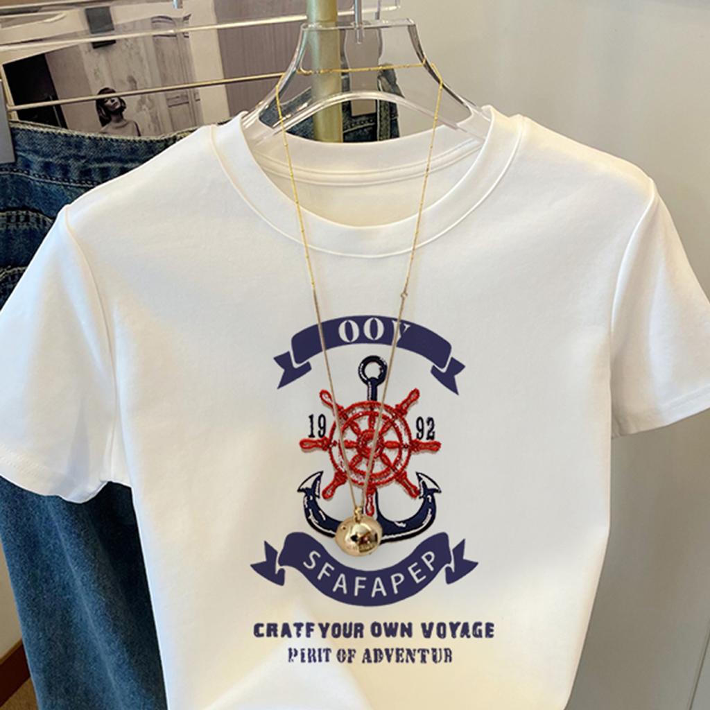 American retro white short-sleeved t-shirt women's summer half-sleeved versatile and thin loose shoulder cotton casual top ins