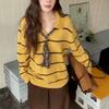 Womens Yellow Striped Polo Neck Sweater Loose Fit Long Sleeve Knit Top Fall Winter