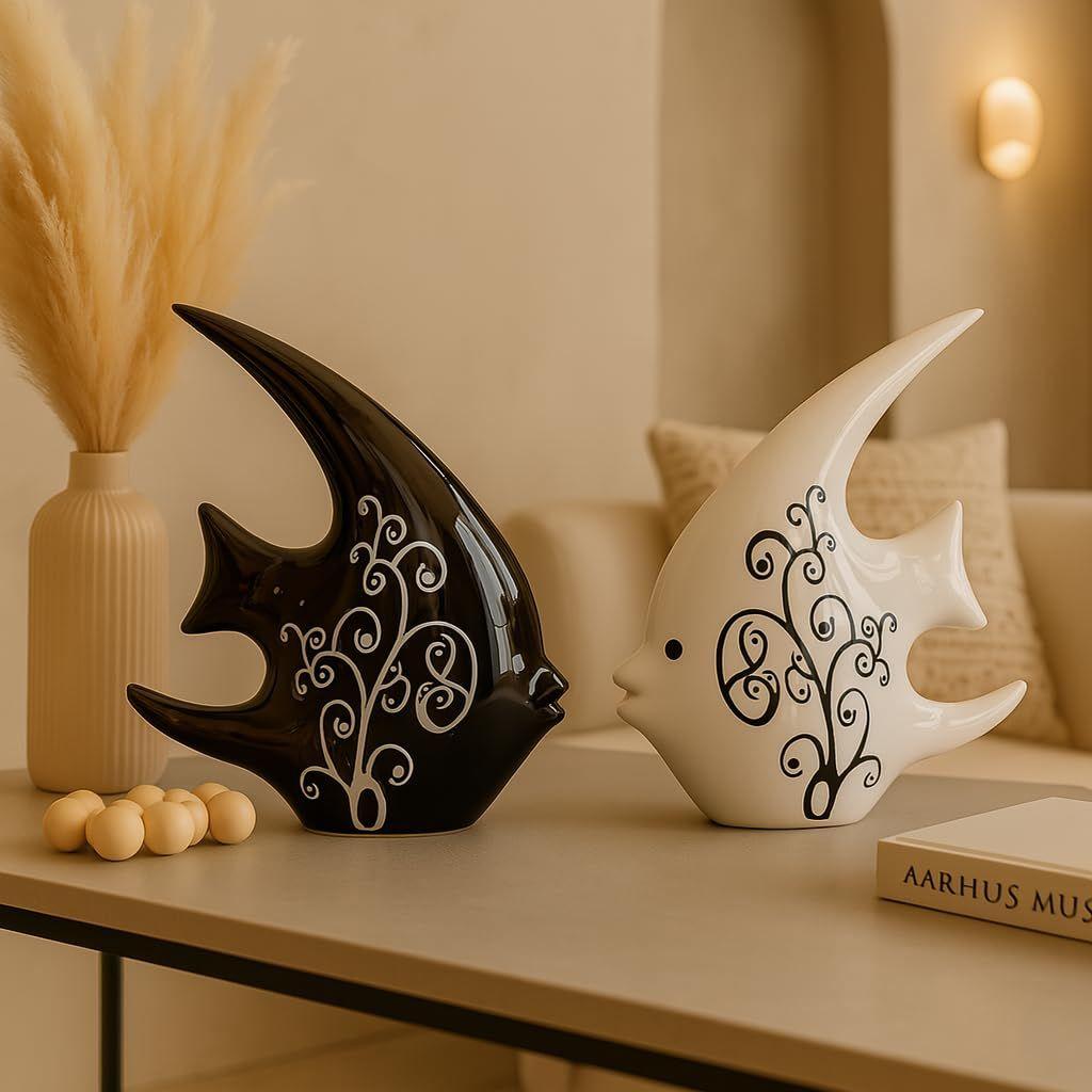 Keramik Modern Minimalistisch Schwarz und Weiß Liebesfisch Kunstfigur|Schöne Heimdekoration-(Set mit 2 Stück, Schwarz & Weiß)