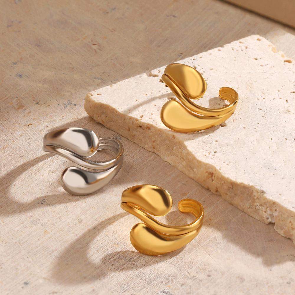 Fashion Minimalist Artistic Gold Color Stainless Steel Geometric Curved Teardrop Opening Rings for Women Daily Wear Jewelry Gift