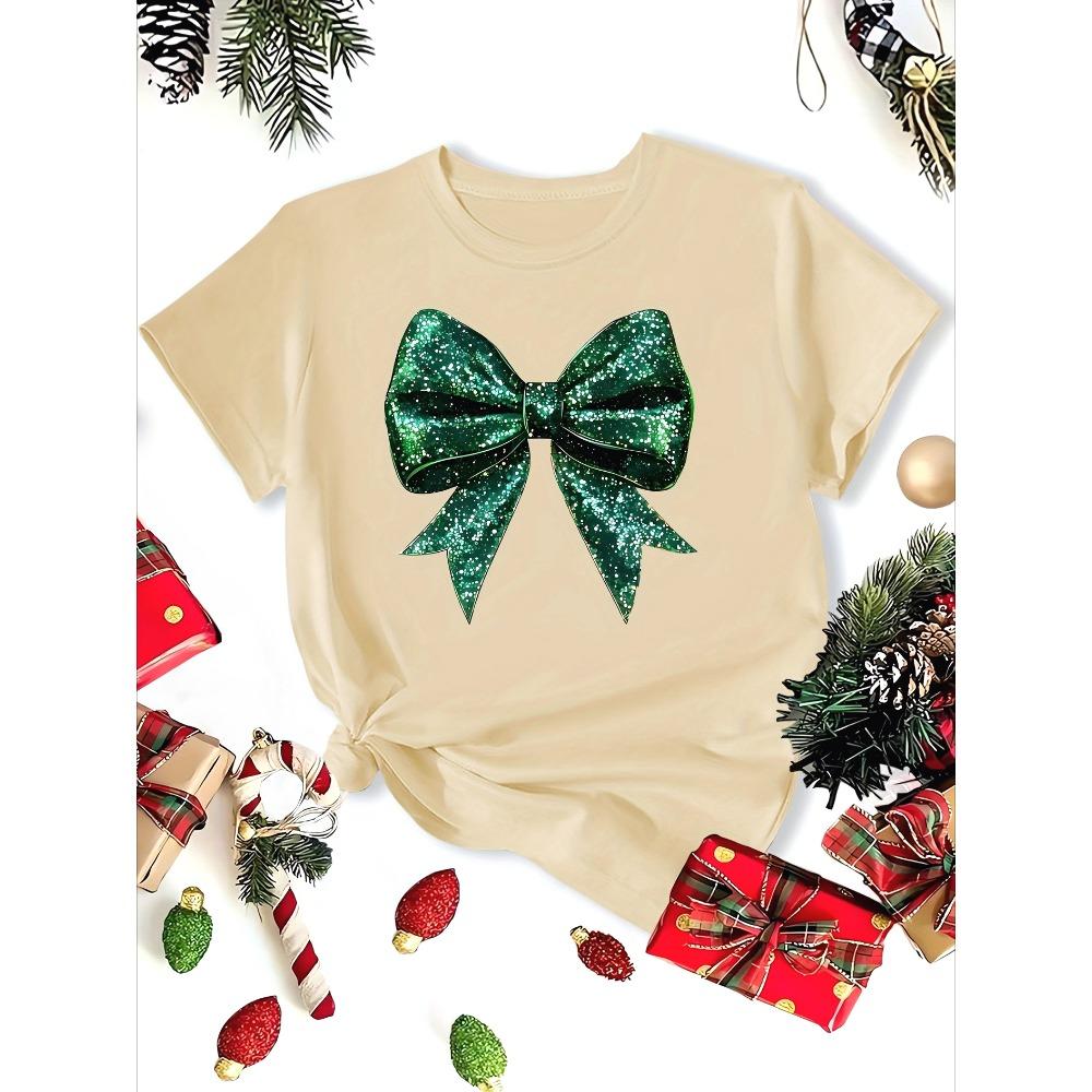 Women's Christmas Short Sleeve Green Sequin Bow Print Round Neck Casual T-Shirt Fashionable Clothing