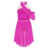 Girls Performance Dress Lyrical Costume Halter Backless Cutout Back Rhinestone Detail Ruched Mesh Draped Skirt