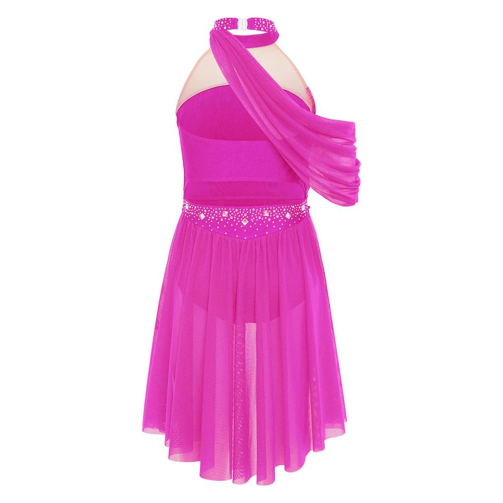 Girls Performance Dress Lyrical Costume Halter Backless Cutout Back Rhinestone Detail Ruched Mesh Draped Skirt