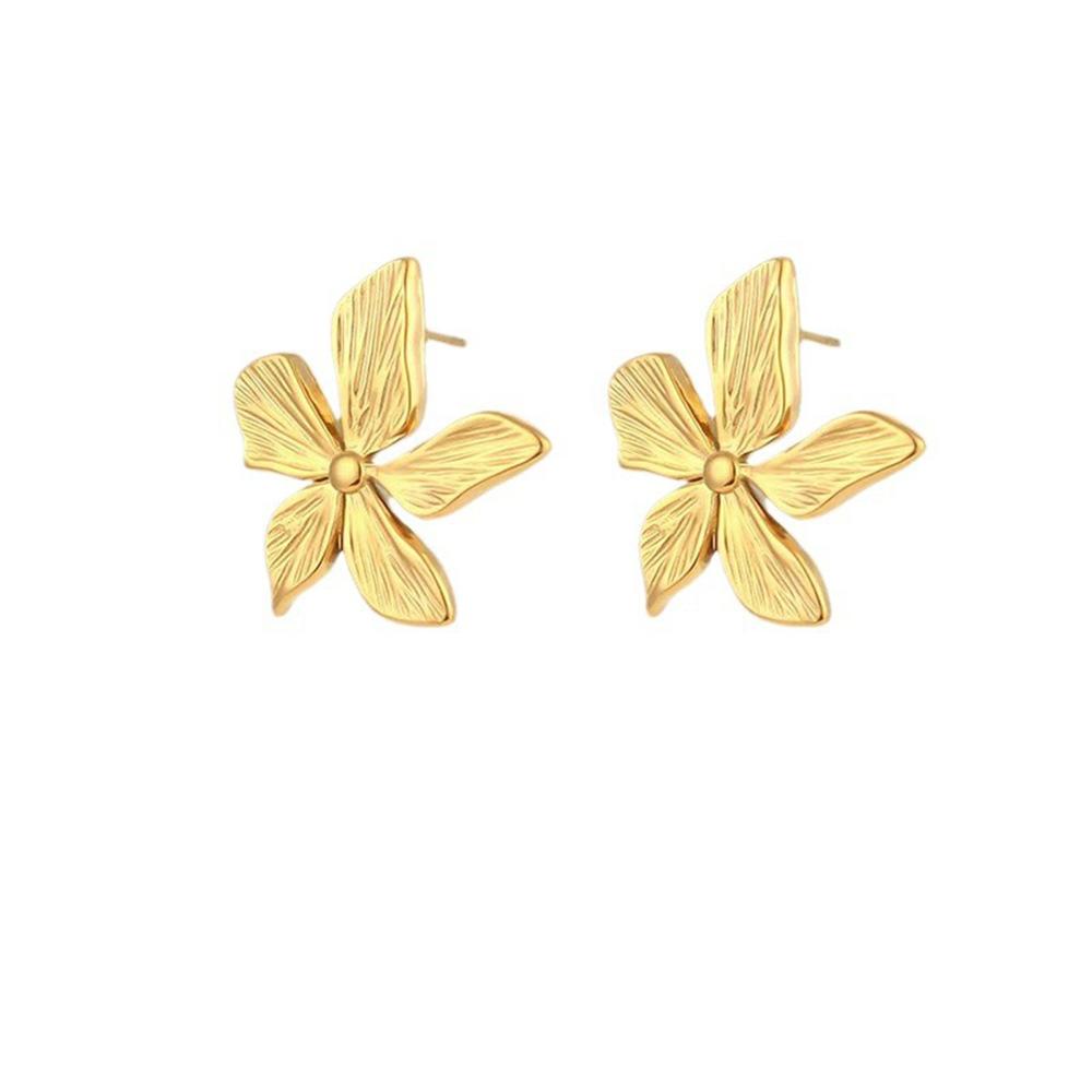 Trendy Golden Flower Stud Earrings Stainless Steel Metal Jewelry Simple Texture Floral Earrings Gifts for Women Waterproof