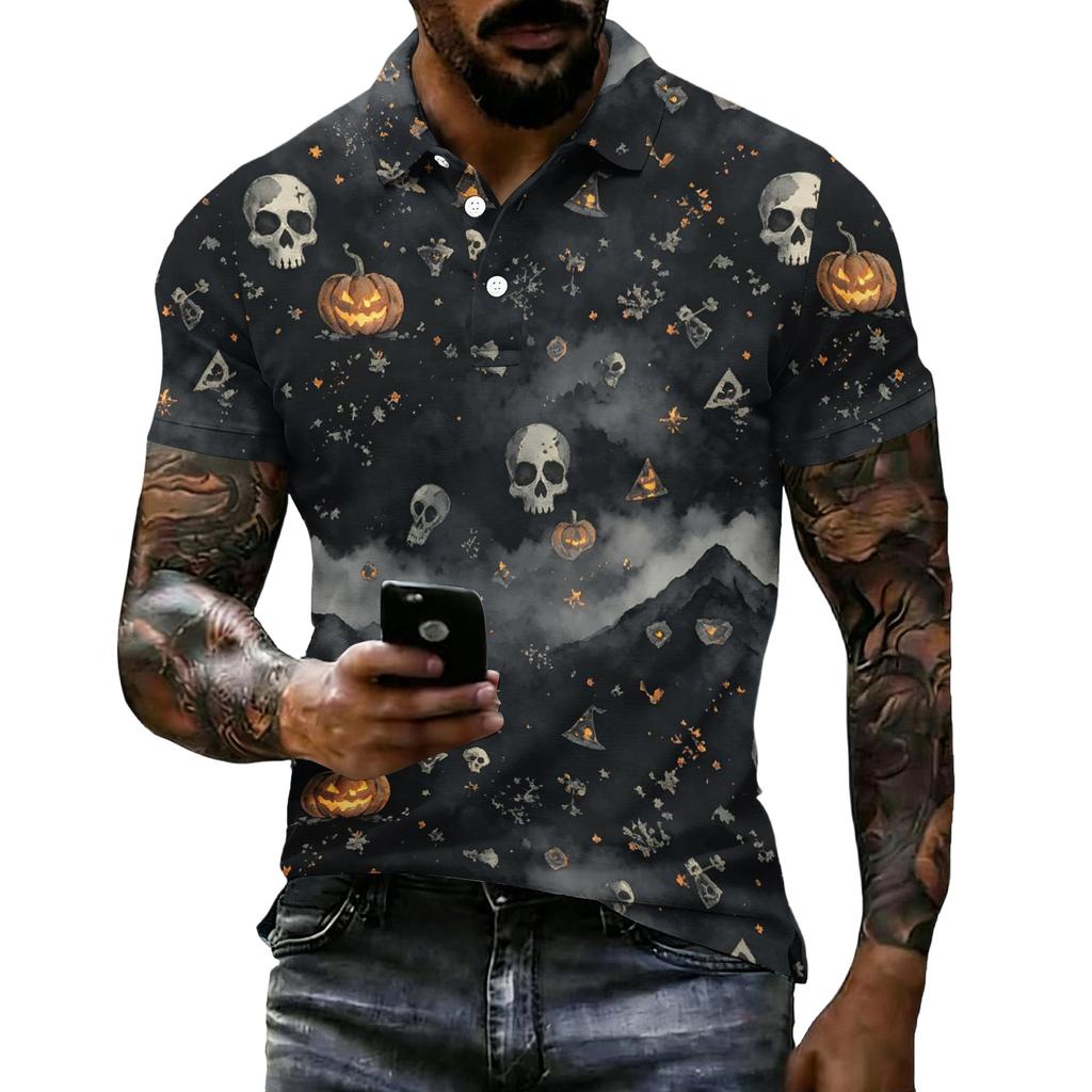 Men's Halloween Print Short Sleeve Polo Shirt Loose Casual Summer Daily Wear Top with Button Collar and Relaxed Fit for Outdoor Activities