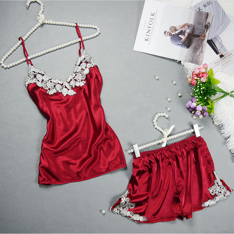 Female Sleepwear Set Solid Color Embroidery Spaghetti Strap Top + Pants 2pcs Pajama Set