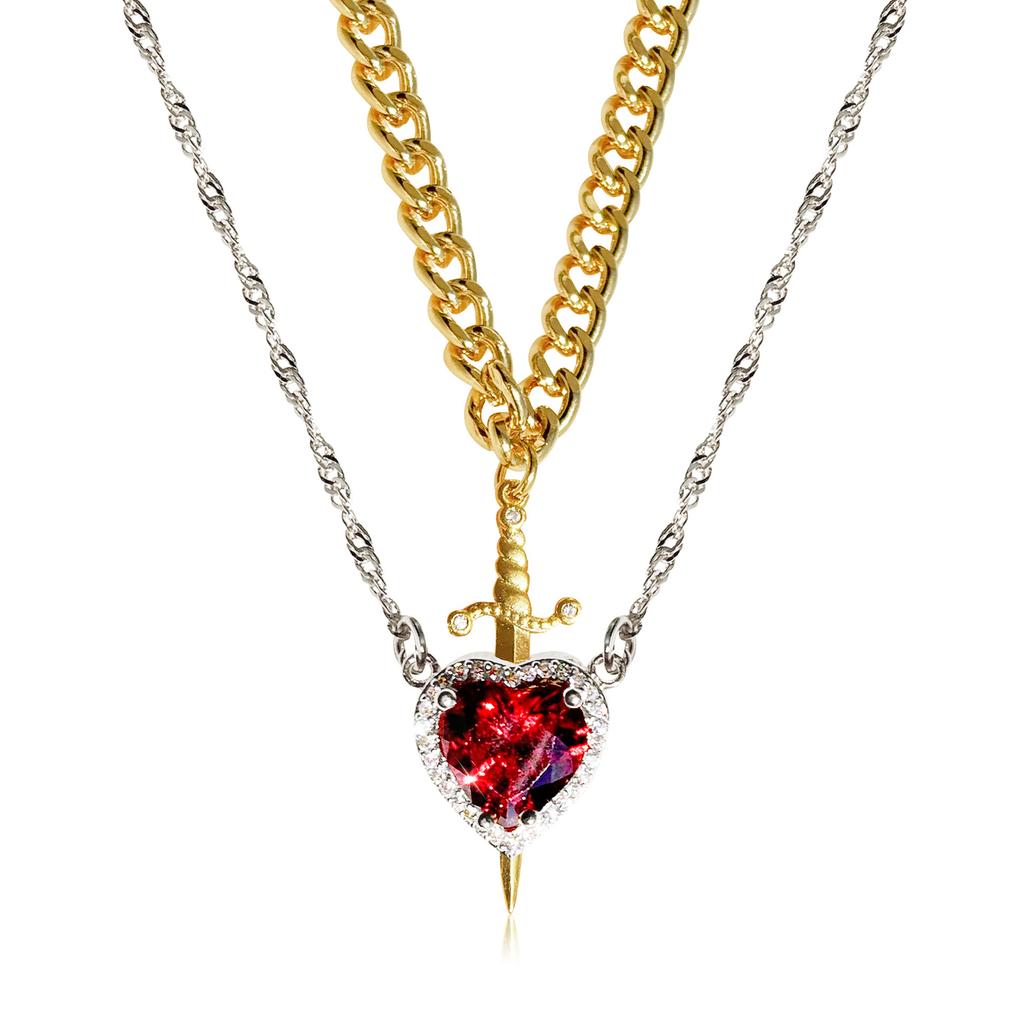 Gold Red Crystal Heart Dagger Pendant Layered Necklace Heart And Sword Necklace For Valentine's Day Couple