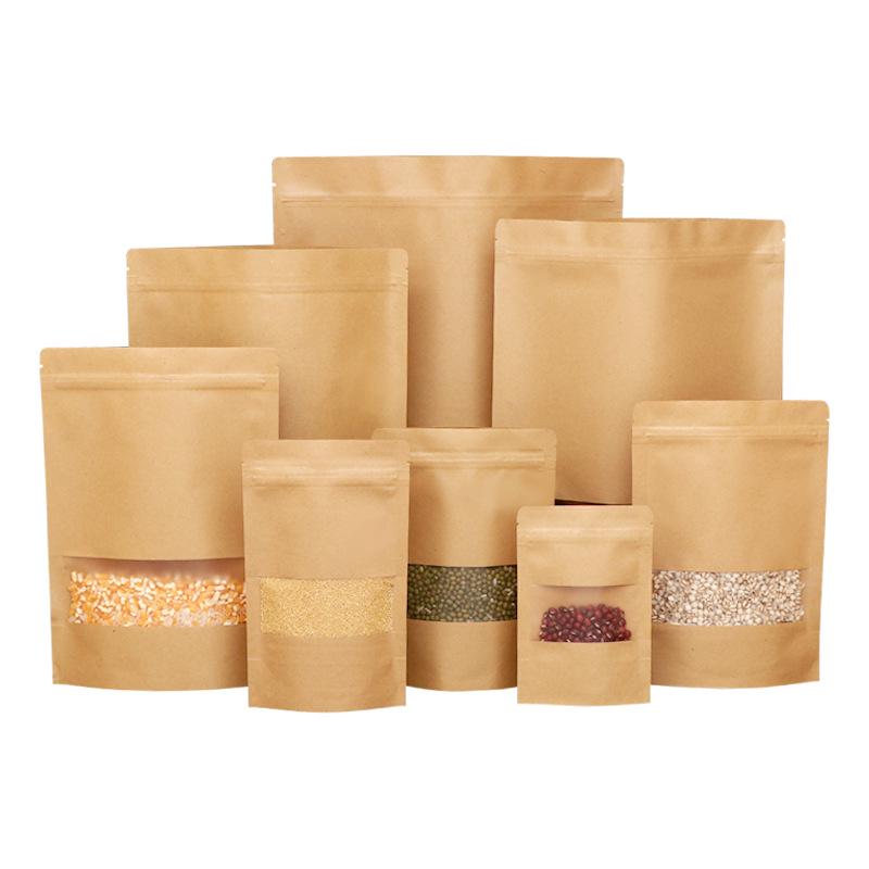 Thick Kraft Paper Stand-Up Bag with Frosted Window for Tea & Dried Fruit