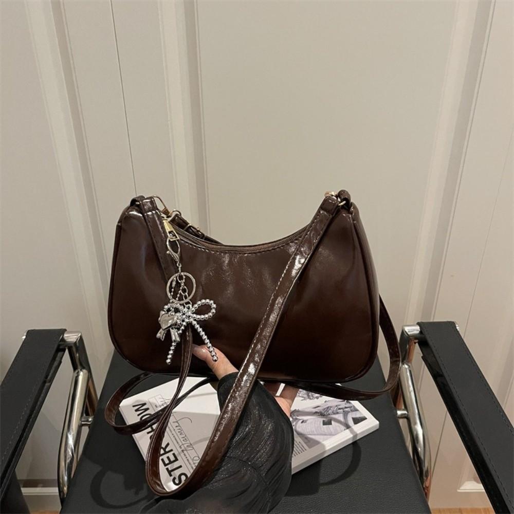 Solid Color Oil Wax Leather Crossbody Bag Elegant Underarm Bag Trendy Crescent Bag  Casual Wear